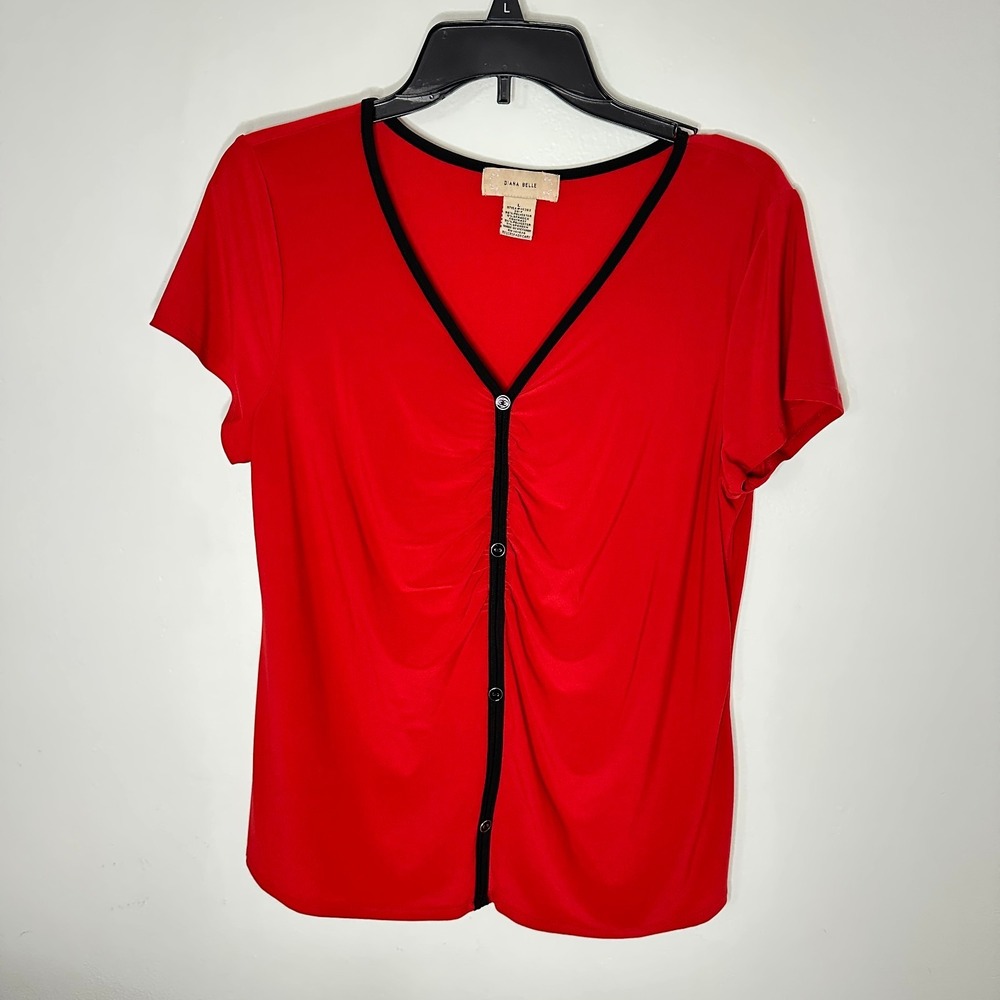 Diana Belle Top Womens L Red Black Trim Ruched Button Front Y2K Stretch Tee